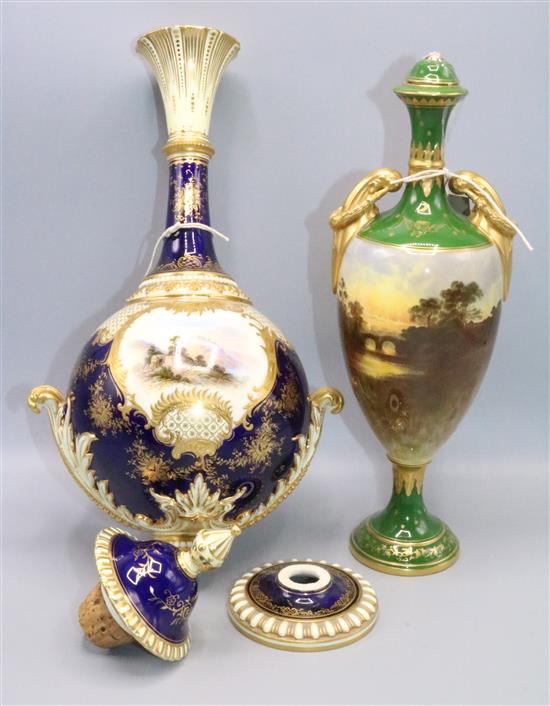 Two blue and green Coalport vases with covers